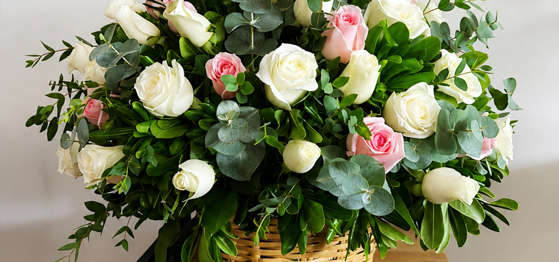 Canasta floral con rosas blancas y rosadas, eucalipto y follaje verde