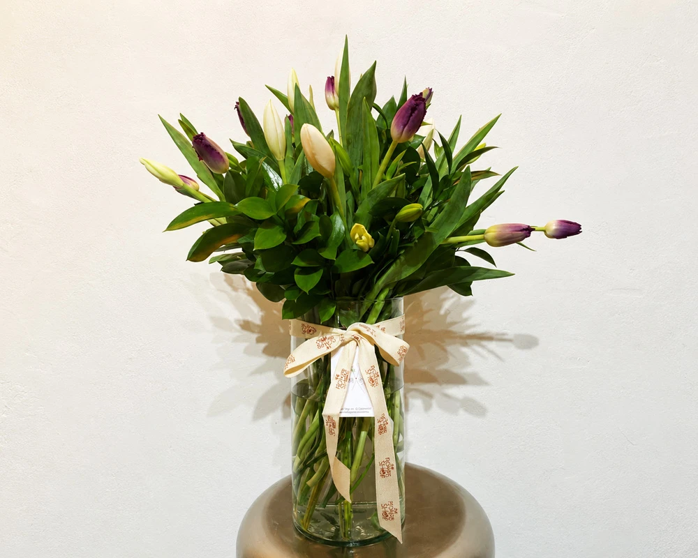 Arreglo de tulipanes en colores blanco y violeta