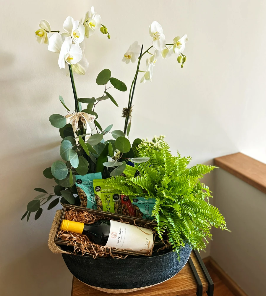 Composición con orquídeas blancas, helecho, follaje y productos de regalo