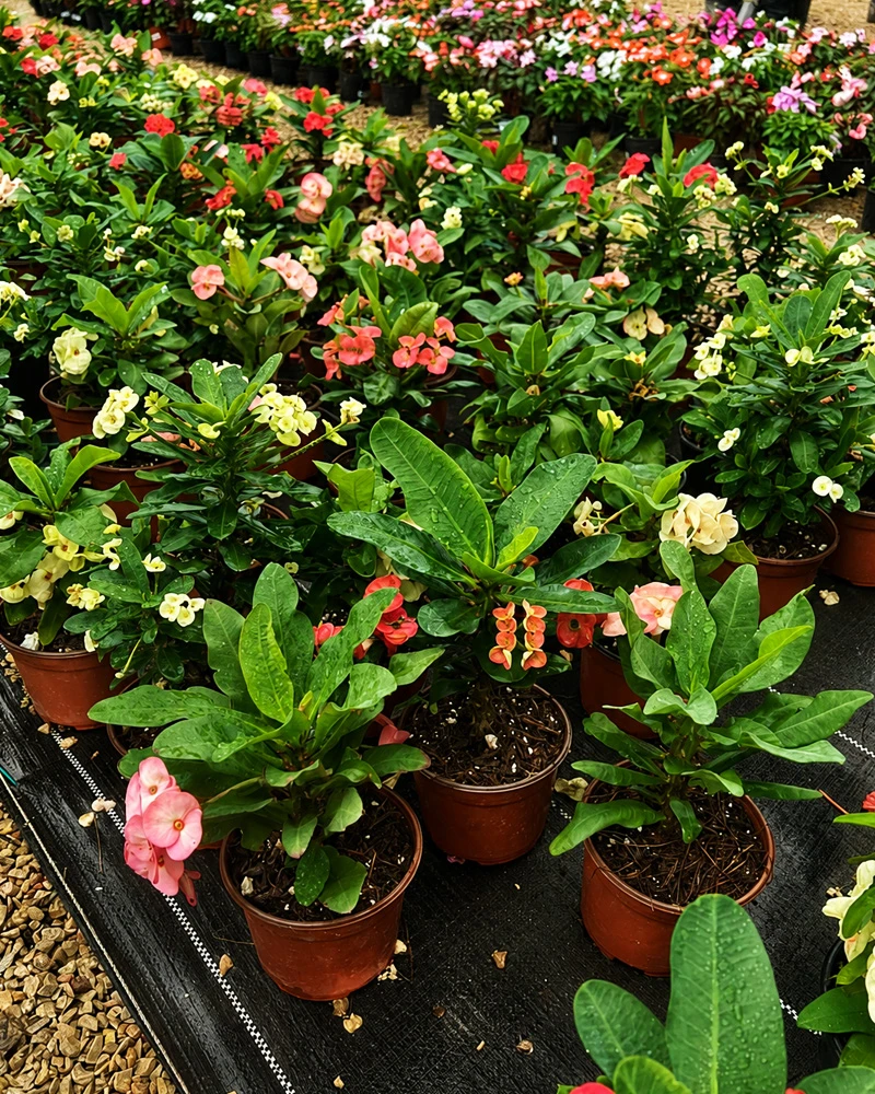 Plantas ornamentales en vivero, parte de la producción floral de Kaleia