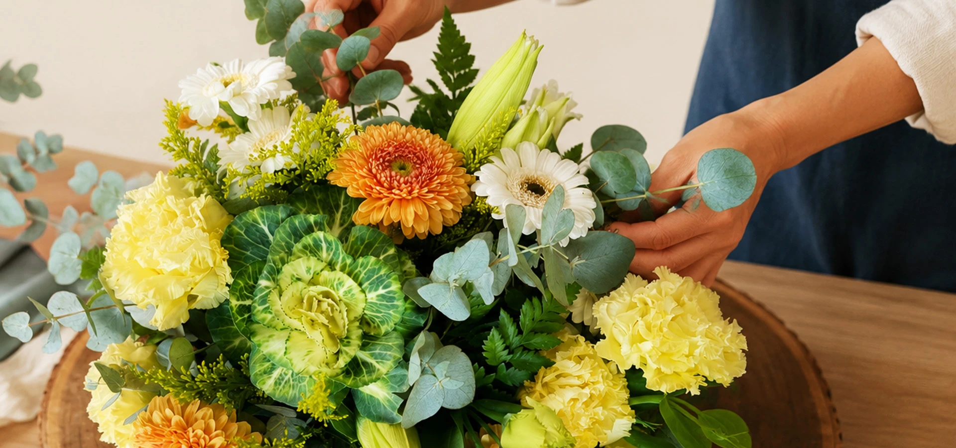 Manos acomodando un arreglo floral con gerberas, claveles y eucalipto